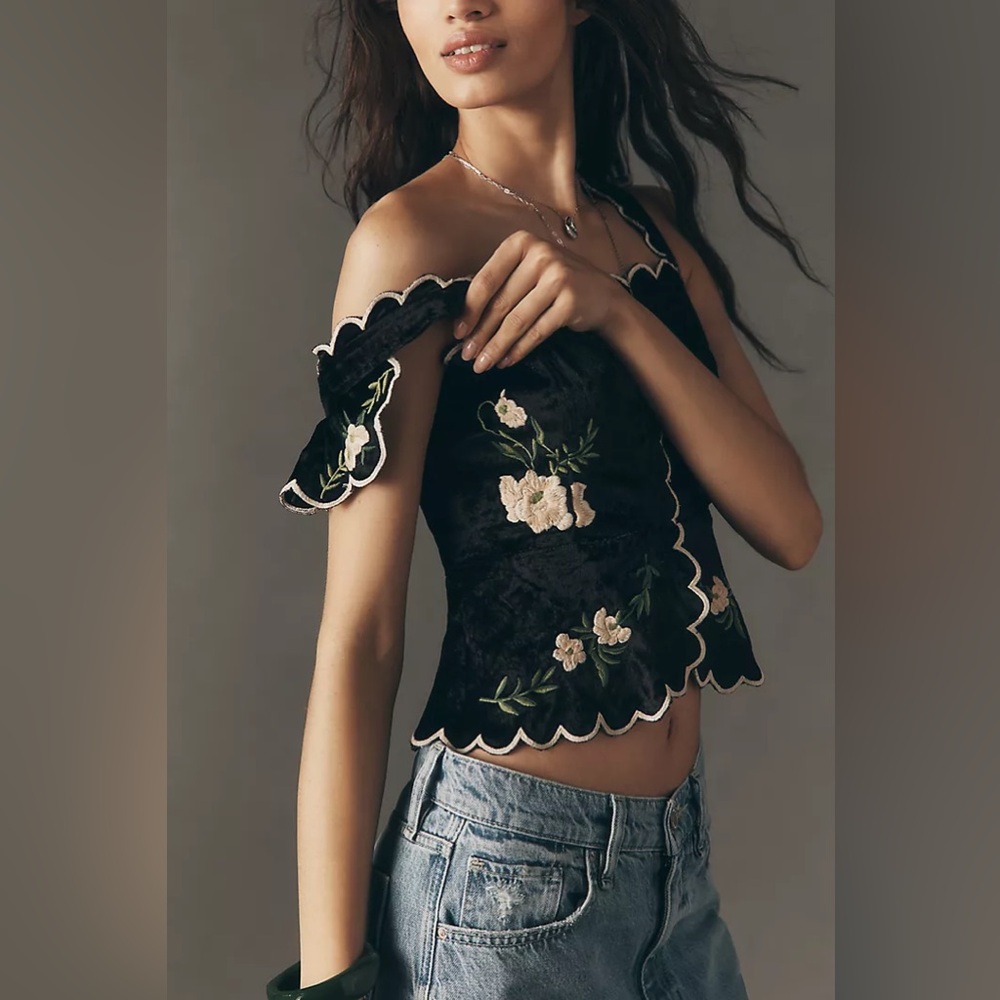 New Anthropologie Maeve Black Waisted Scallop Embroidered Blouse Top Shirt XL - Picture 2 of 8